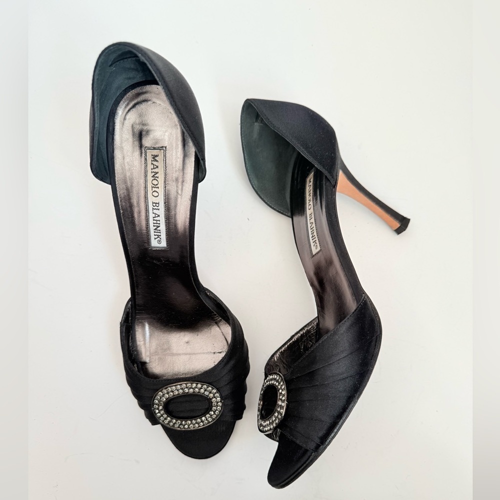 Manolo Blahnik y2k Black Satin Sedaraby Crystal D’Orsay Peep Toe Heels EU 39.5